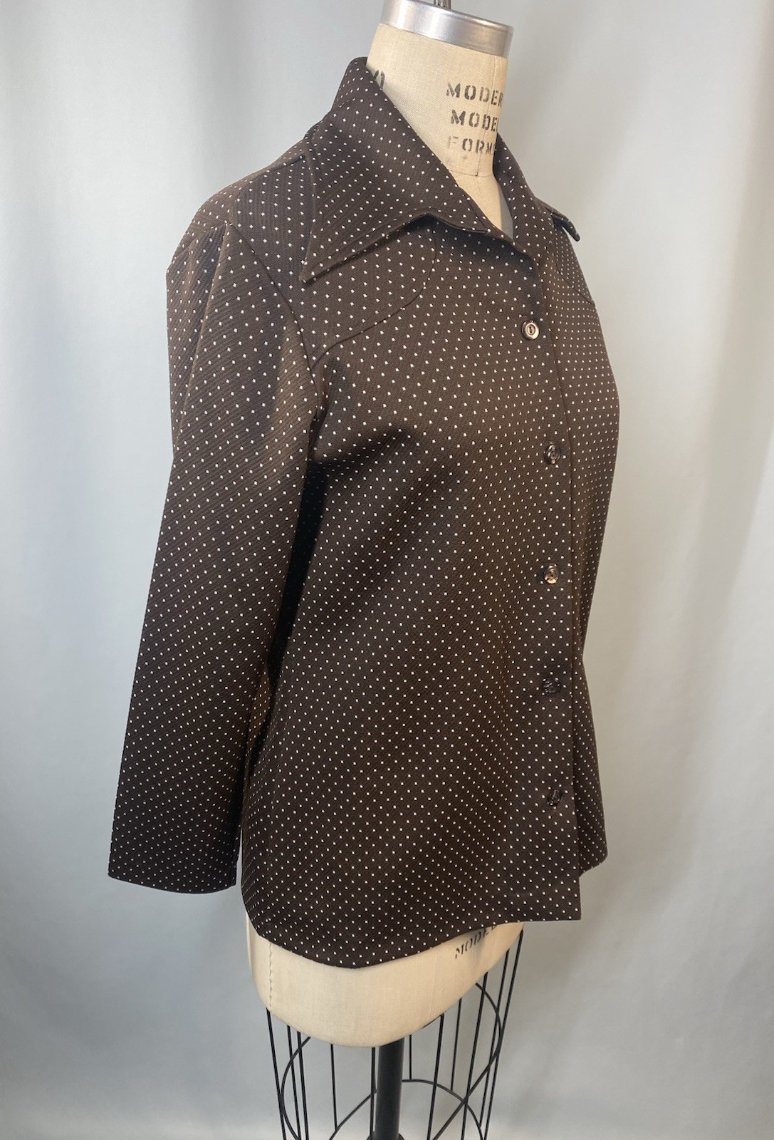 Women’s Vintage Top SIZE LARGE 14 brown polka dot yoke 60s 70s point collar