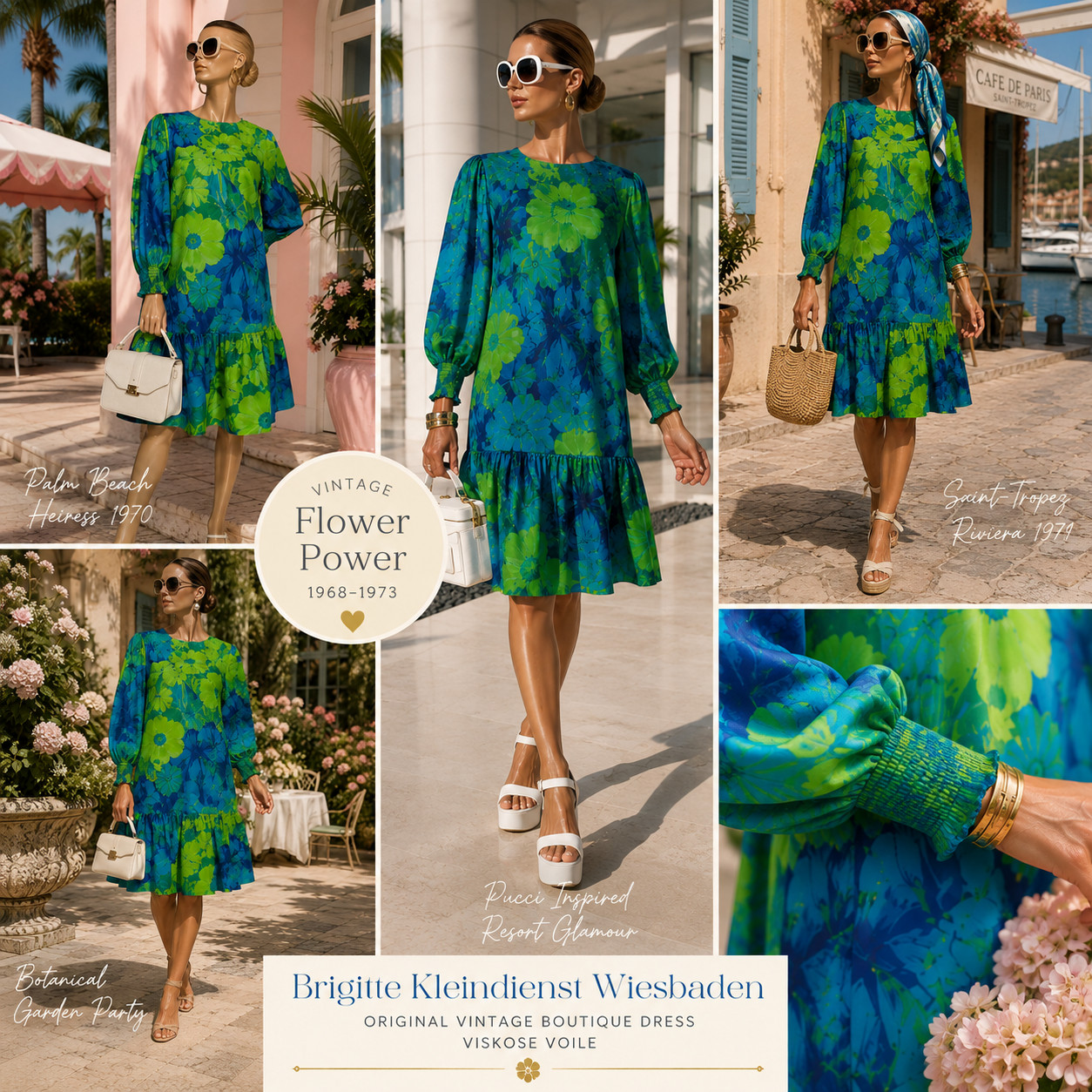 Vintage dress flower power Brigitte Kleindienst Wiesbaden viscose 36 38