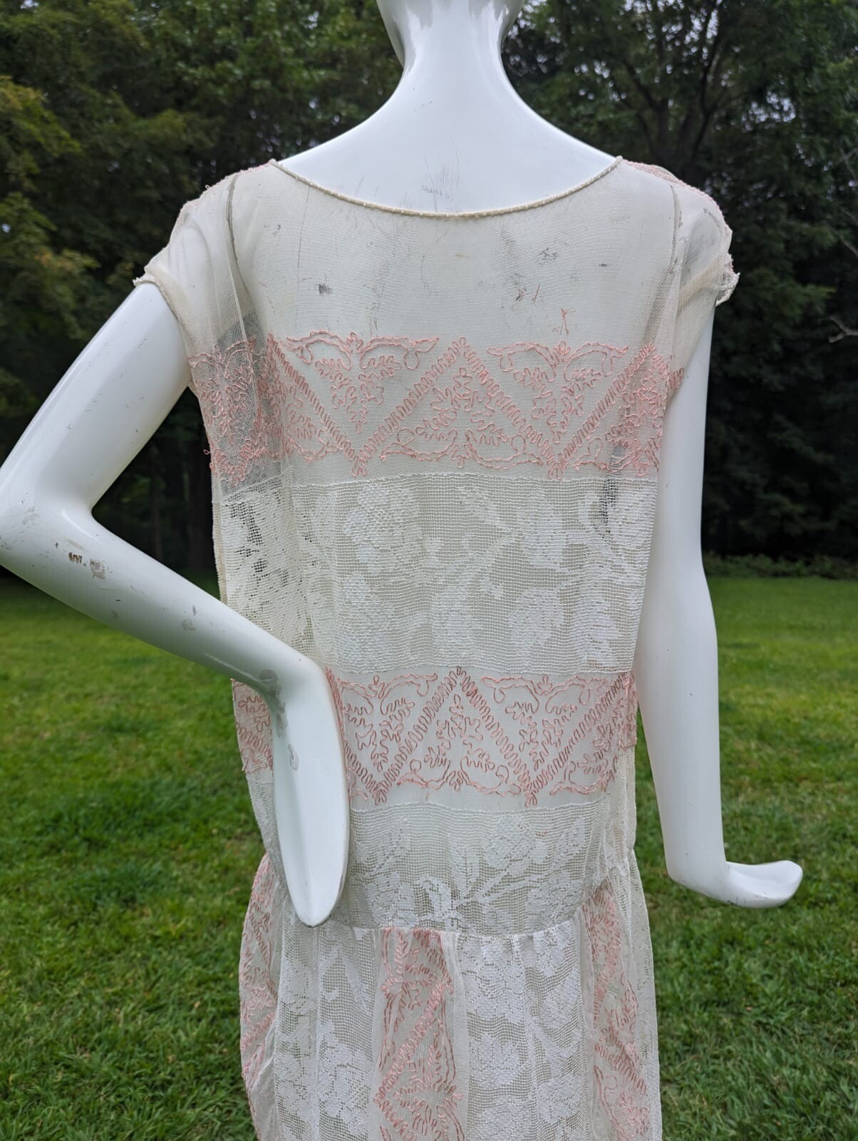 FLAPPER 1920’S SOFTEST NET DRESS W FLORAL LACE + HAND EMBROIDERY
