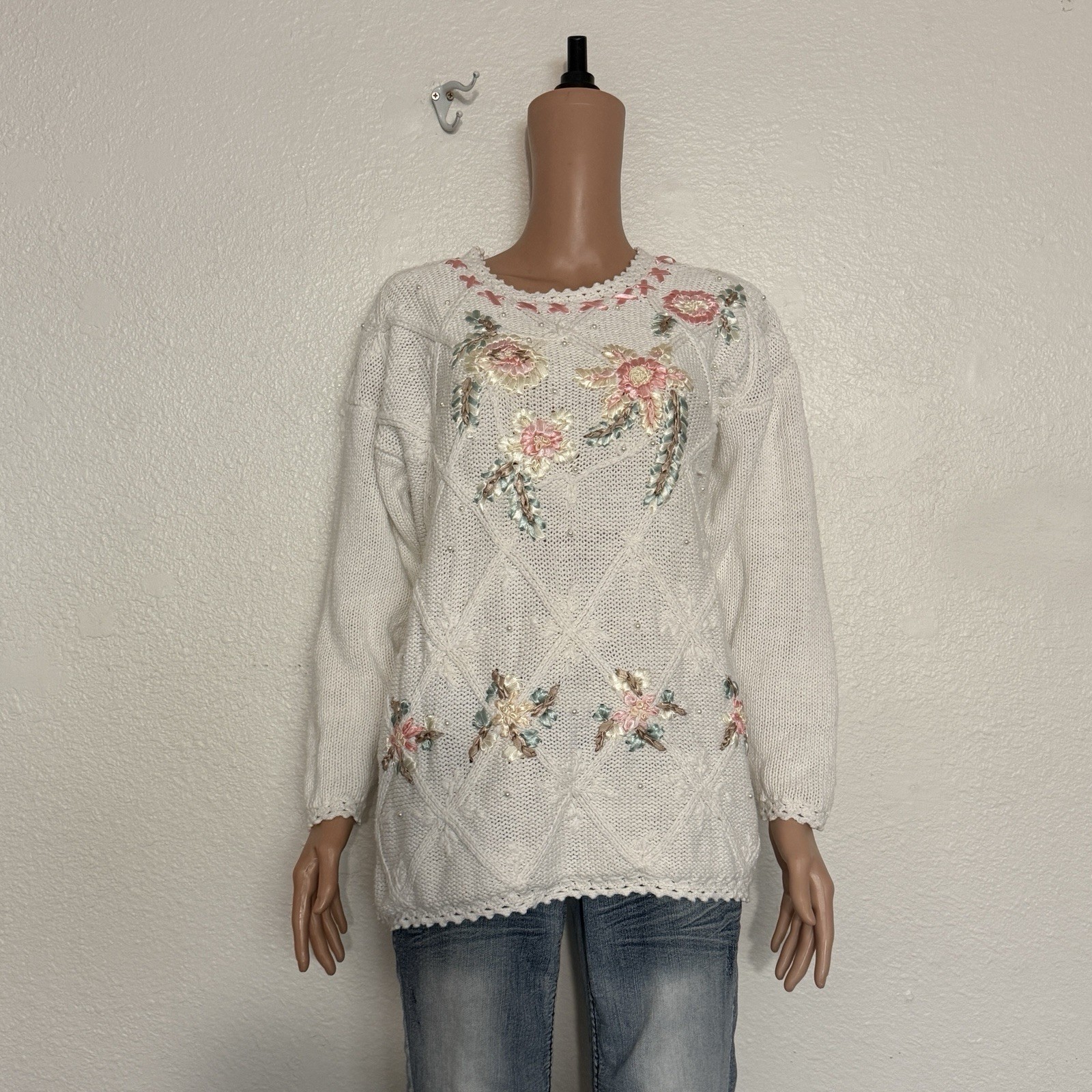 Vtg 80s 90s Cream Knit Floral Ribbon Embroidery Sweater Sz L Coquette Cottagecor