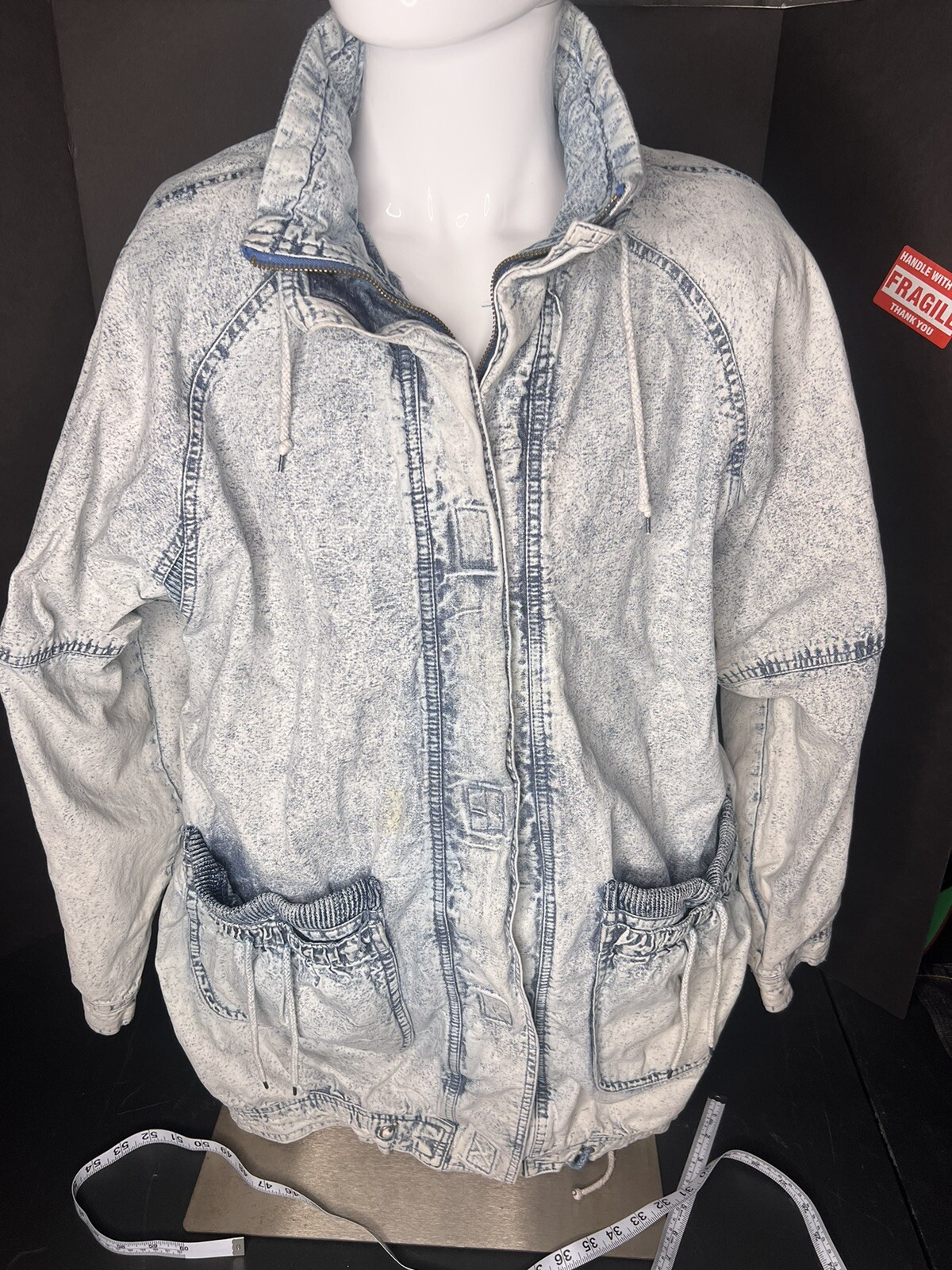 Vtg East West Coat Jacket Womens Lrg. Denim Stone Acid Wash 80’s Streetwear Y2K