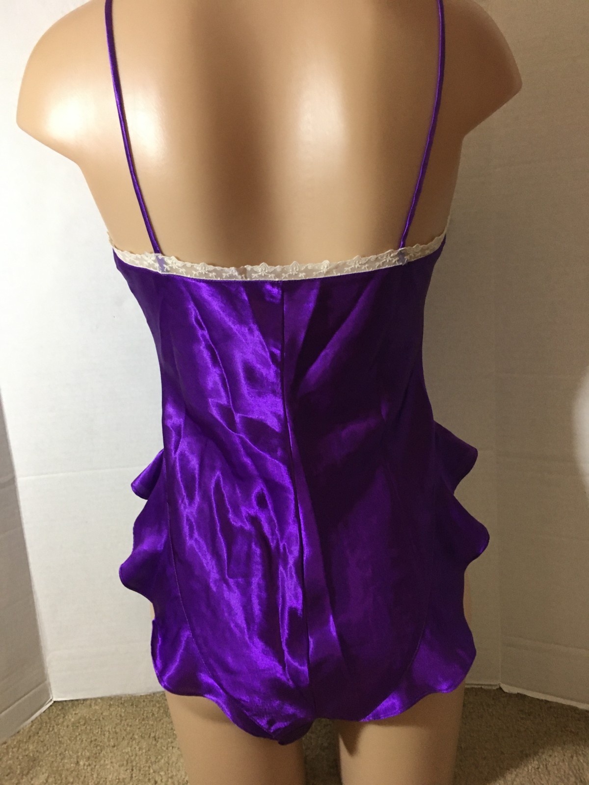 S Vtg VICTORIA’S SECRET Soft SATIN Lace Bodysuit Teddy Purple Ivory Gold Label