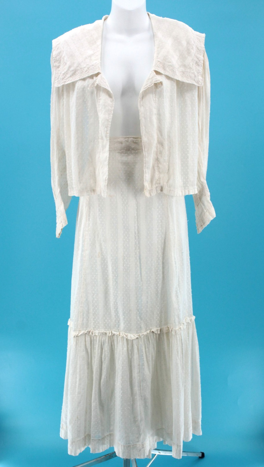 VTG Women’s Late 1800s 2 Pc Sheer White Polka Dot Cotton Top & Skirt Set XXS/XS