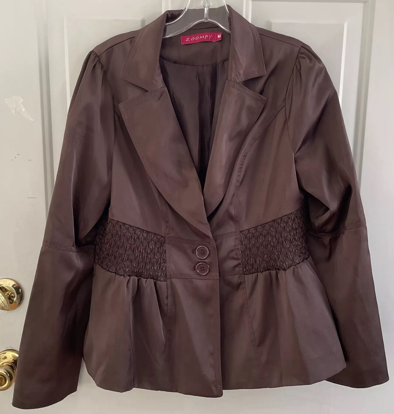 Vtg Women Zoompy Brown Career Jacket Size Medium Smocking Multi Buttons Preowned