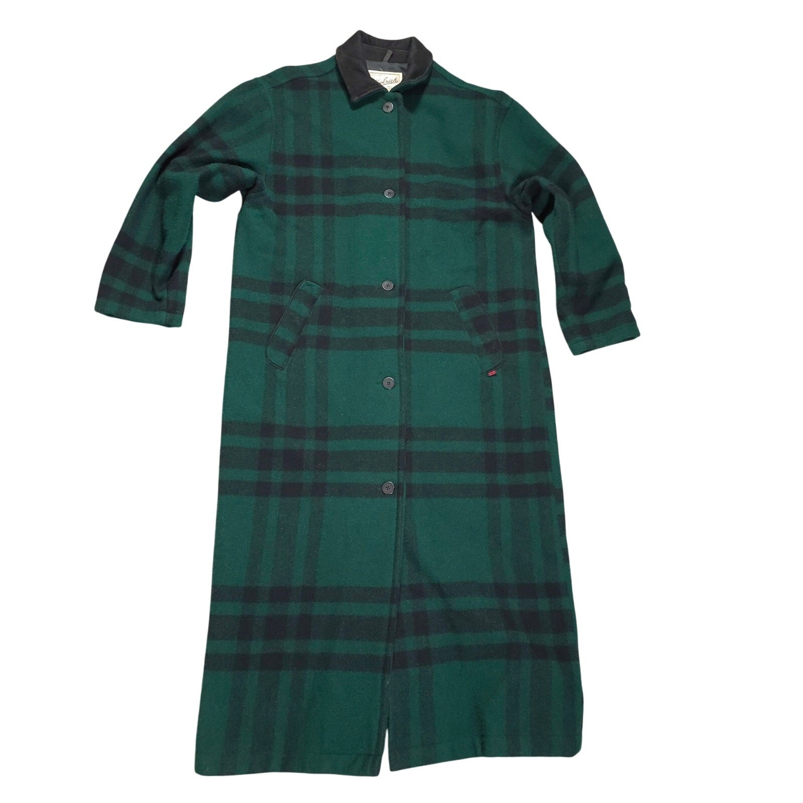 Vintage Woolrich Gree/Black Plaid Trench Coat Wool/Leather Women Size M USA