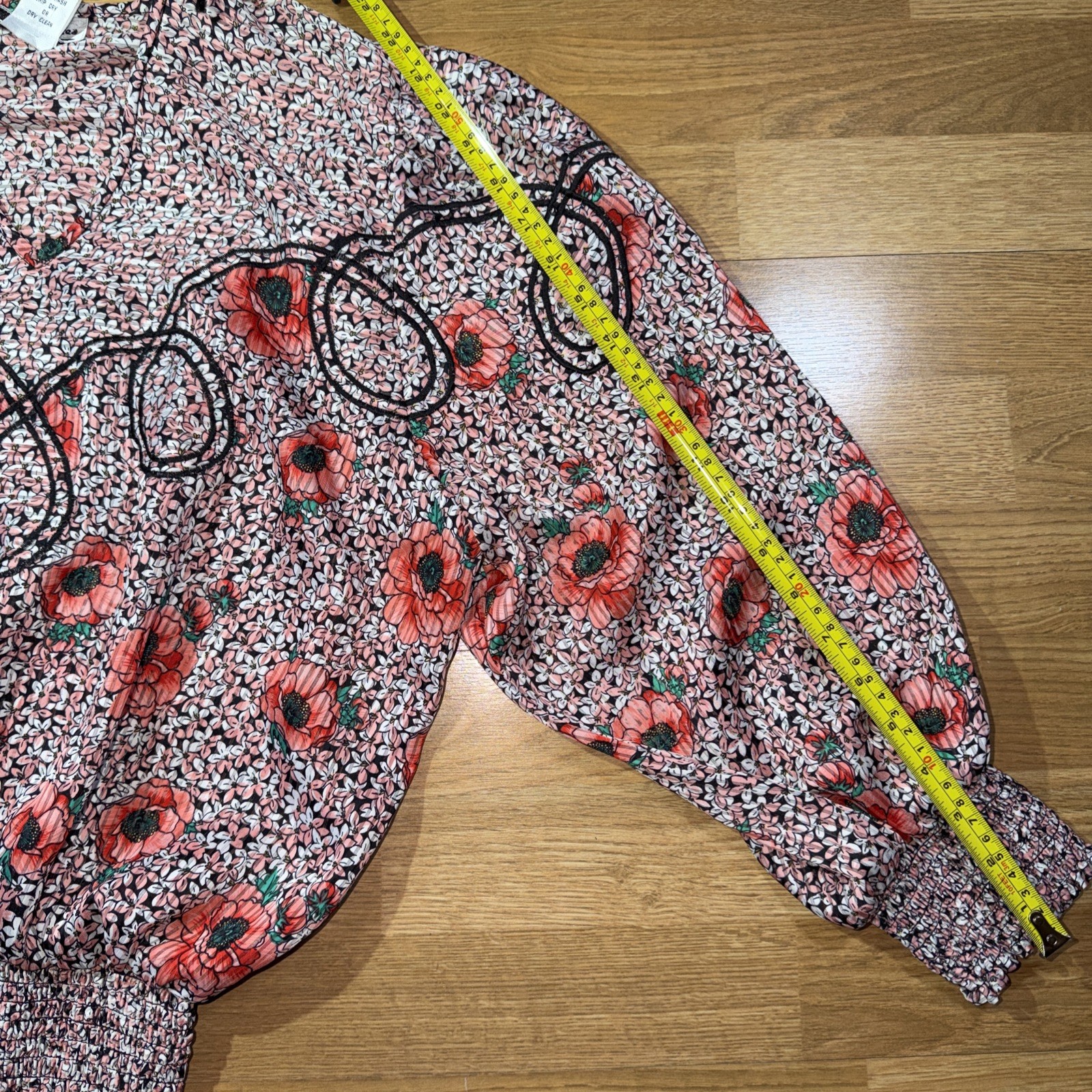 VTG M Pink Red Floral Regal Blouse Med Long Sleeve Smocked V Neck Western