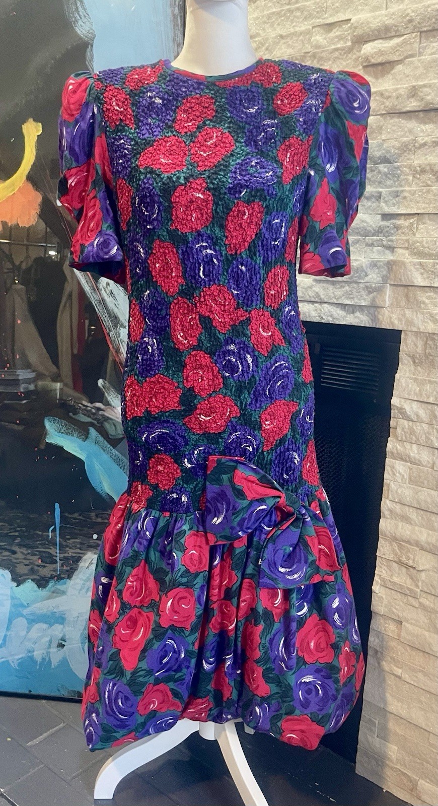 VTG ACT 1 New York Floral Smocked MIDI Bubble Dress 80s Size 14 Party Cocktail