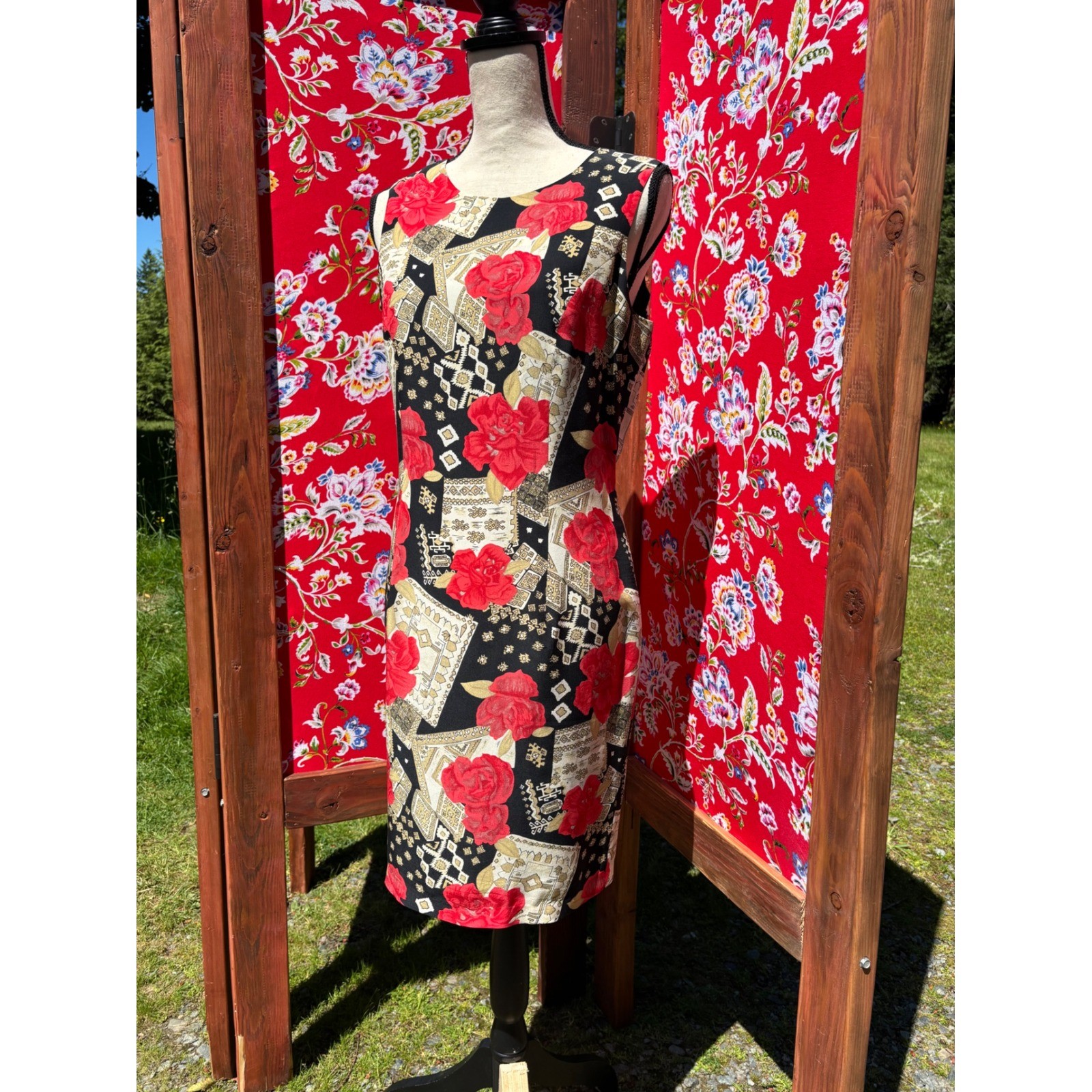 100% Silk Vintage Red Black Patchwork Print Boho Chic Euro Summer Dress Size S-M
