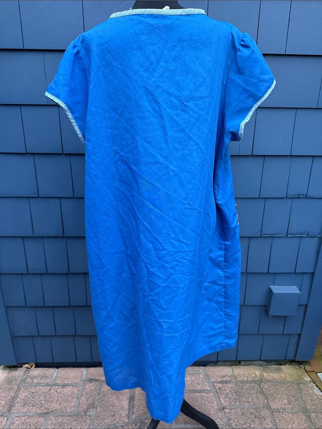 Bright Blue Button-Front House Dress with Red Accents Dan Ellen
