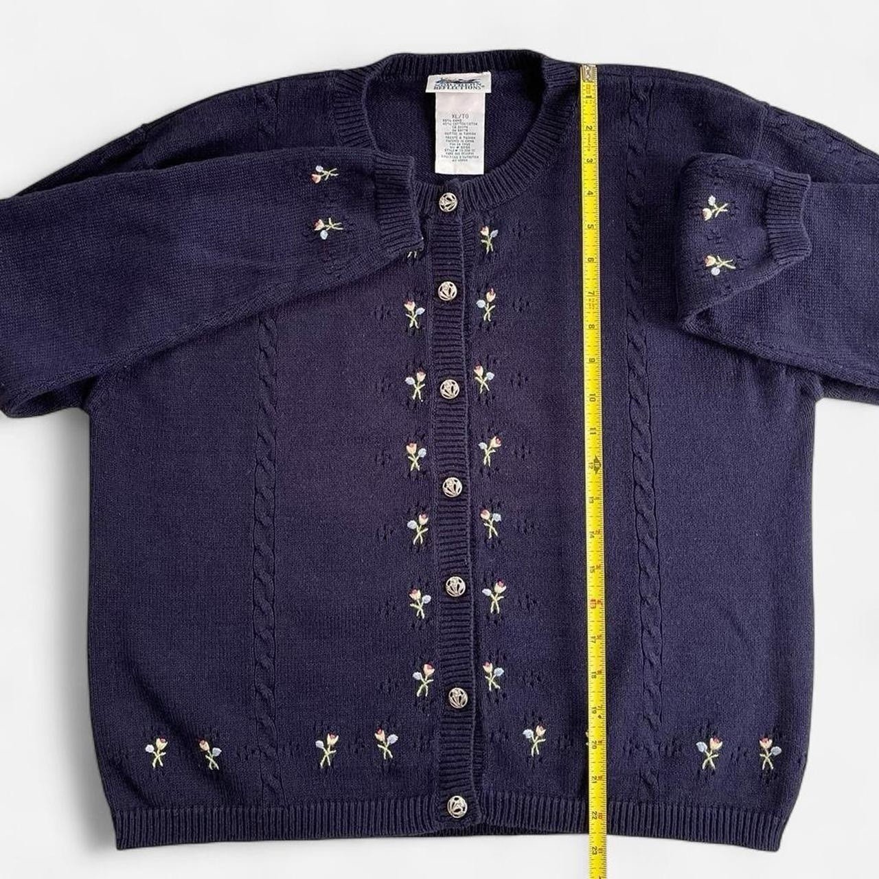 Vintage Northern Reflections Navy Blue Knit Pink Embroidered Flowers Cardigan