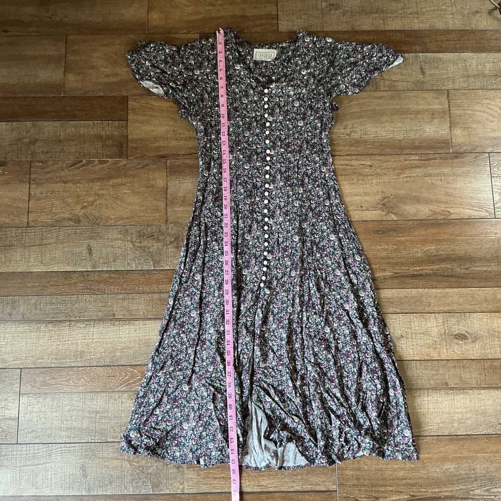 90s VTG DBY Ltd Floral Maxi Dress Button Front Tie Back V-Neck Size S Ditsy 33E7