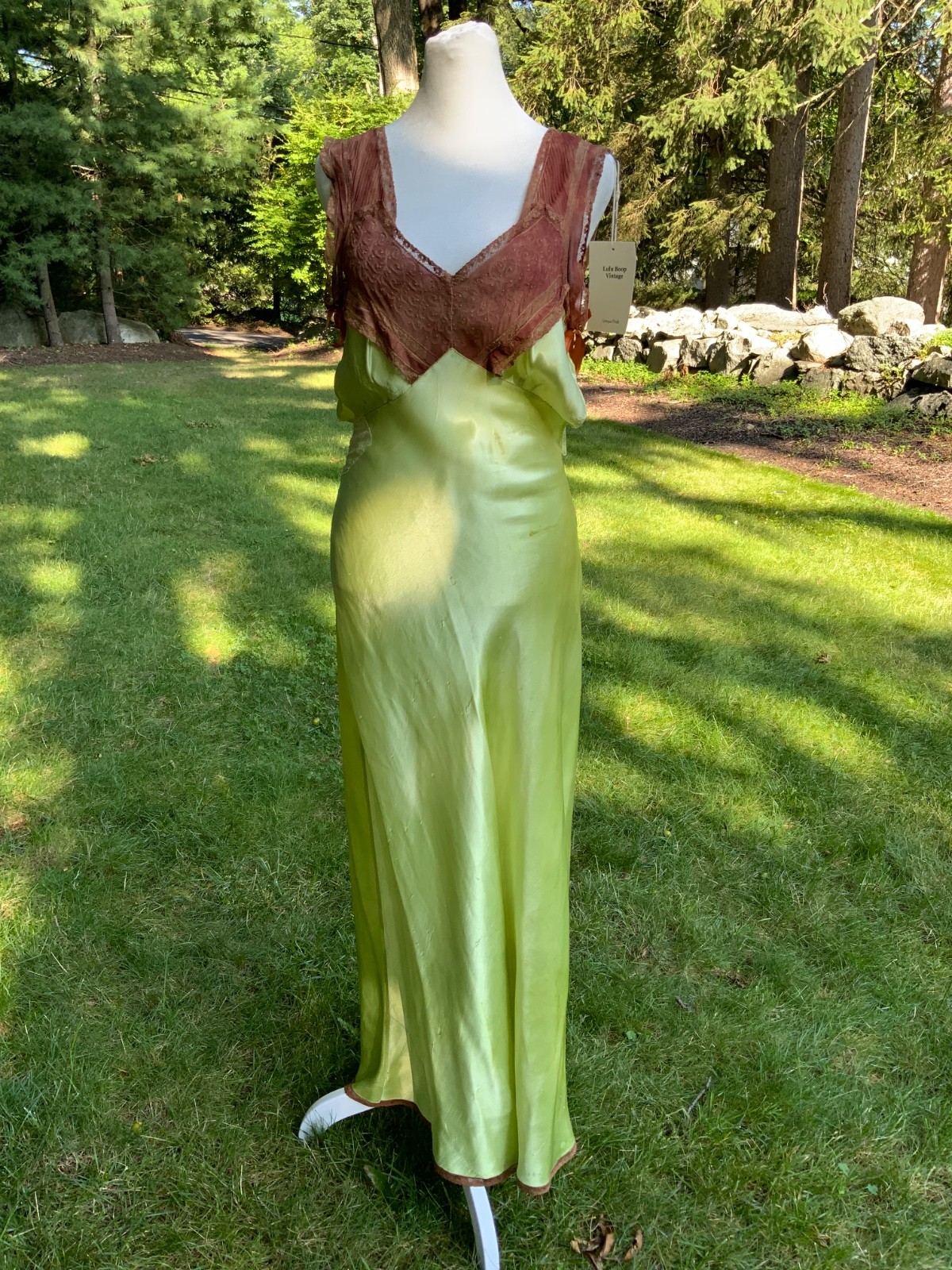 Hand Dyed Antique Silk Slip Dress Chartreuse Green Artist Reimagined 1930s S