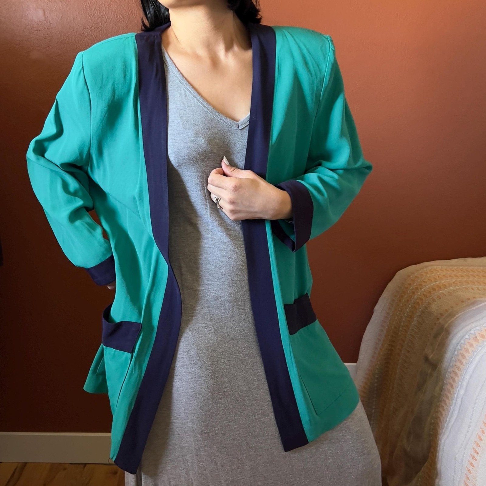 vtg 80s color blocked green open front blazer size 14 made in USA casual