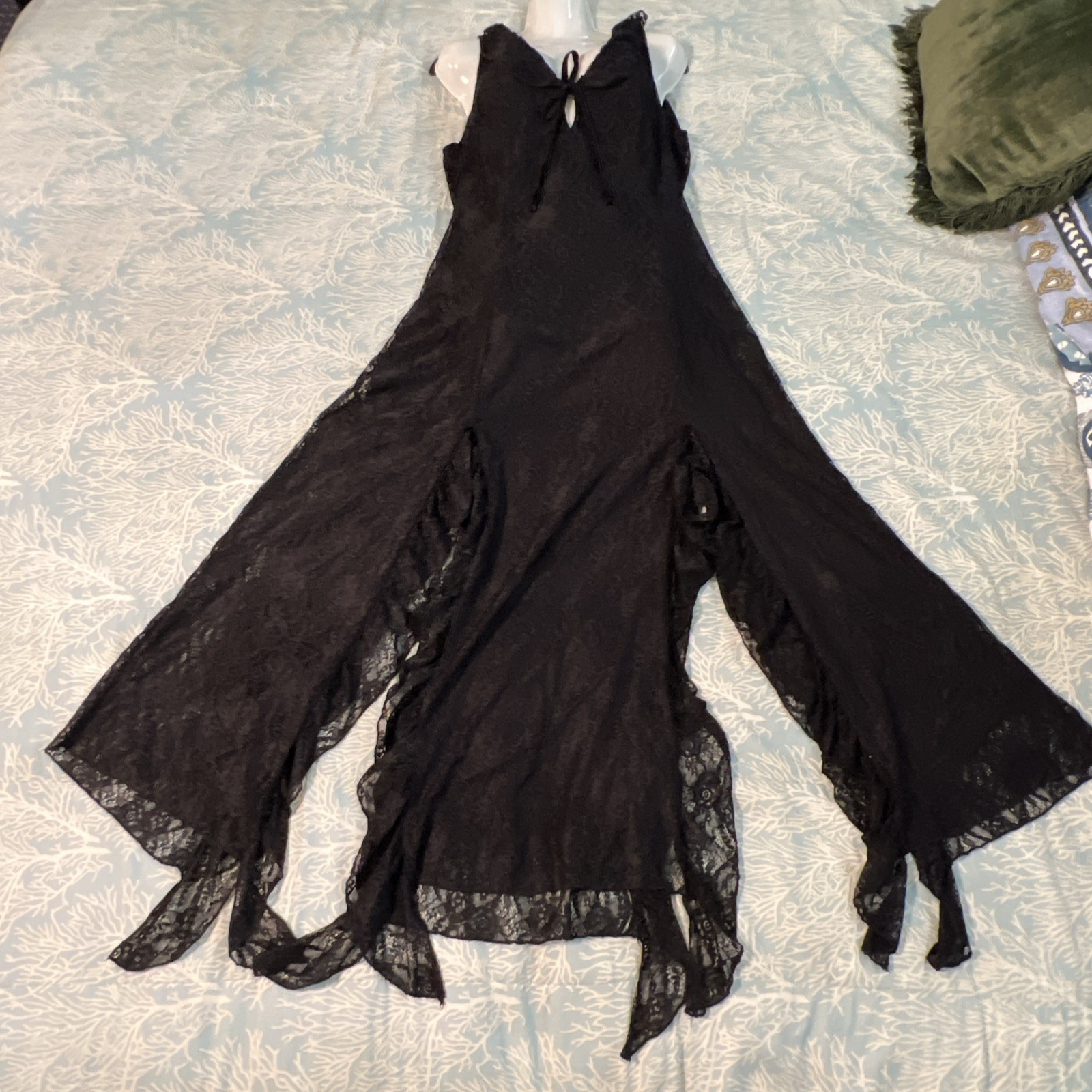 Black Lace Maxi Slip Dress Flowy Goth Sheer Layer Witchy Halloween
