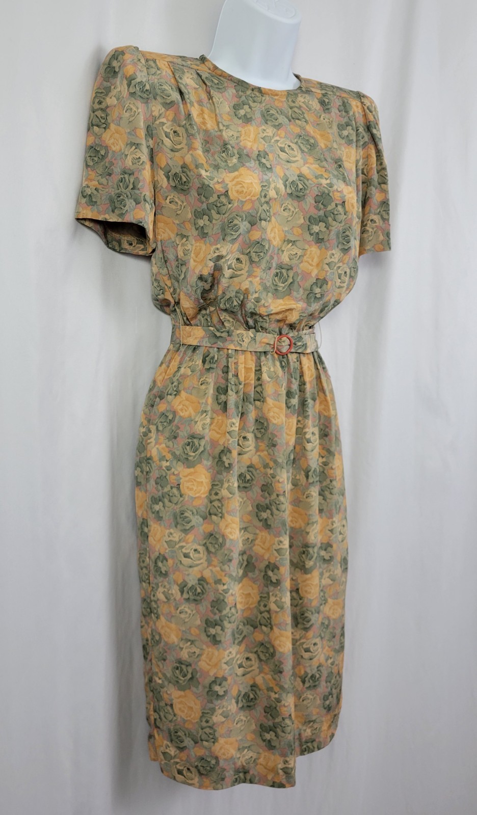 Vintage Taurus II Muted Green & Gold Floral Blouson Dress w Belt Size 4