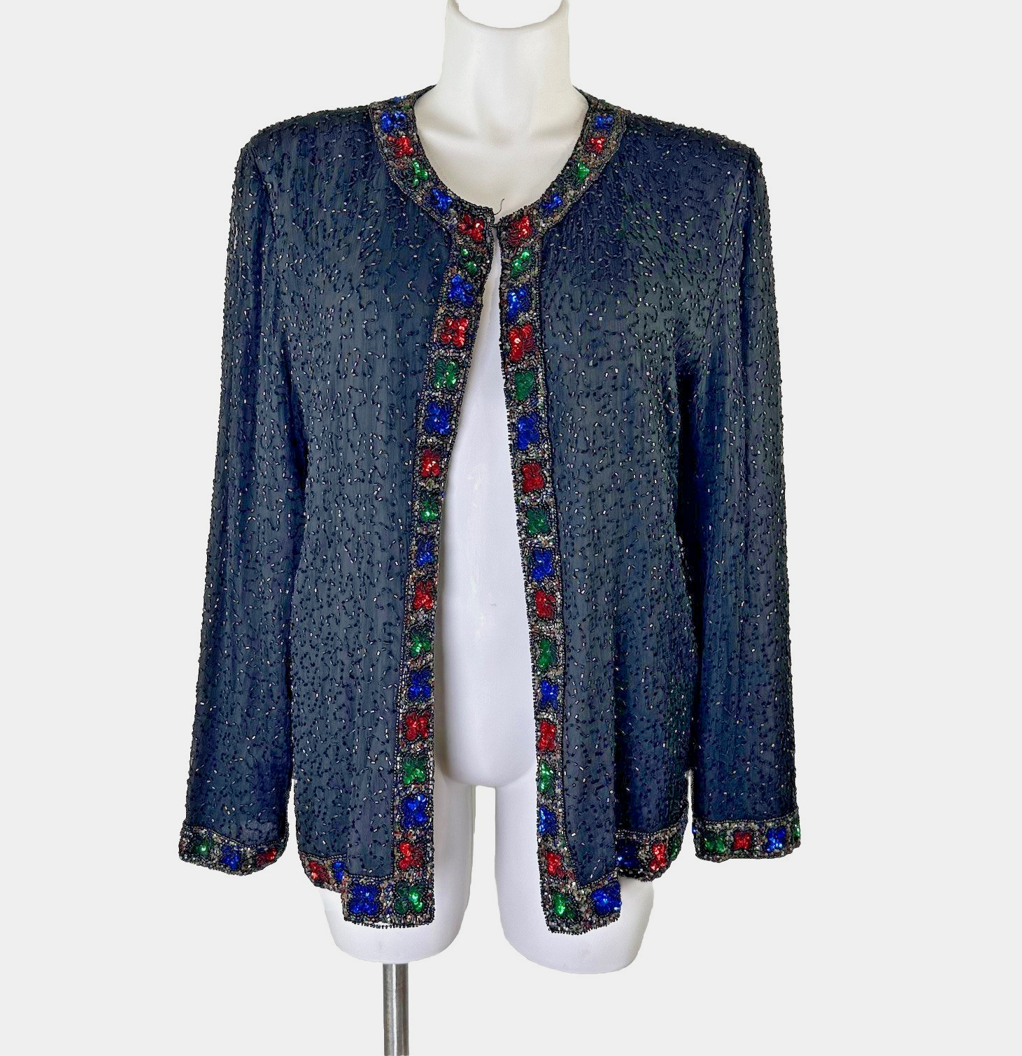 Laurence Kazar Vintage Beaded Silk Jacket Black Multi Color Sequin Womens 1X