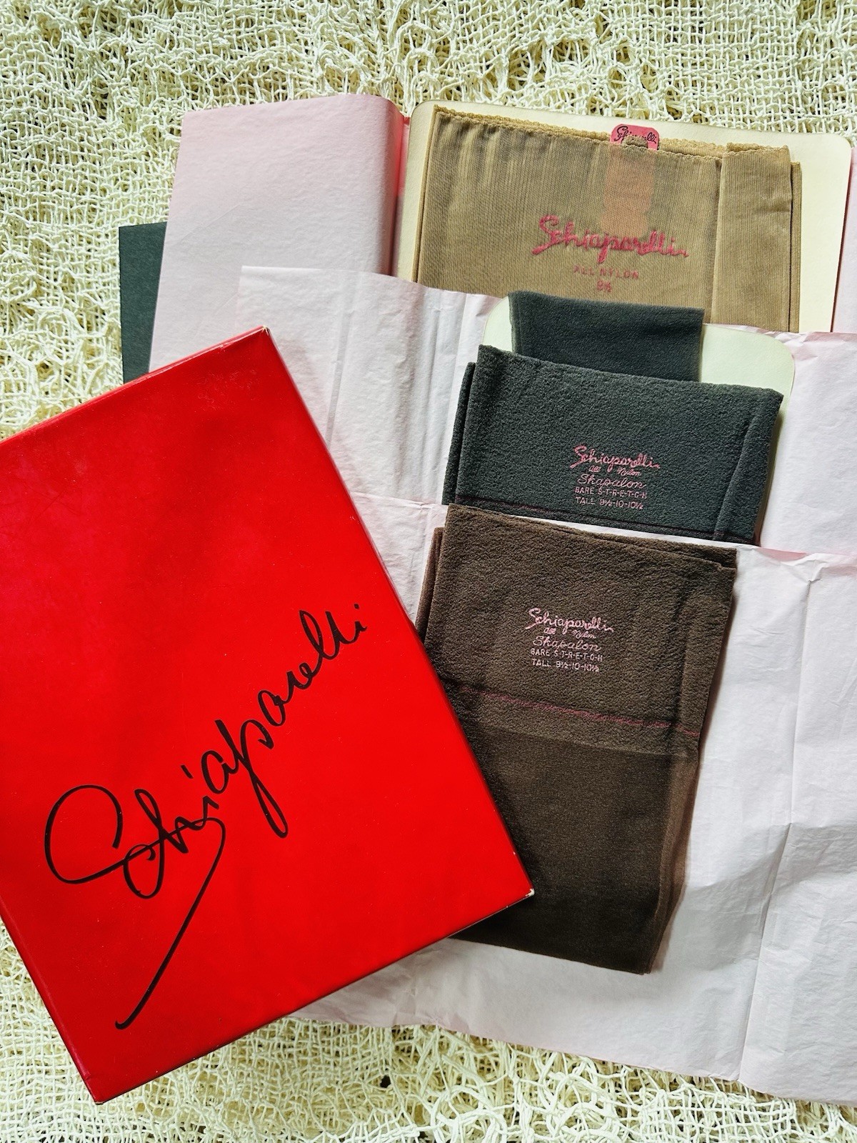 Vintage Schiaparelli Nylon Stockings NIB Set Of 3 Sheer Stretch Hosiery Boxed
