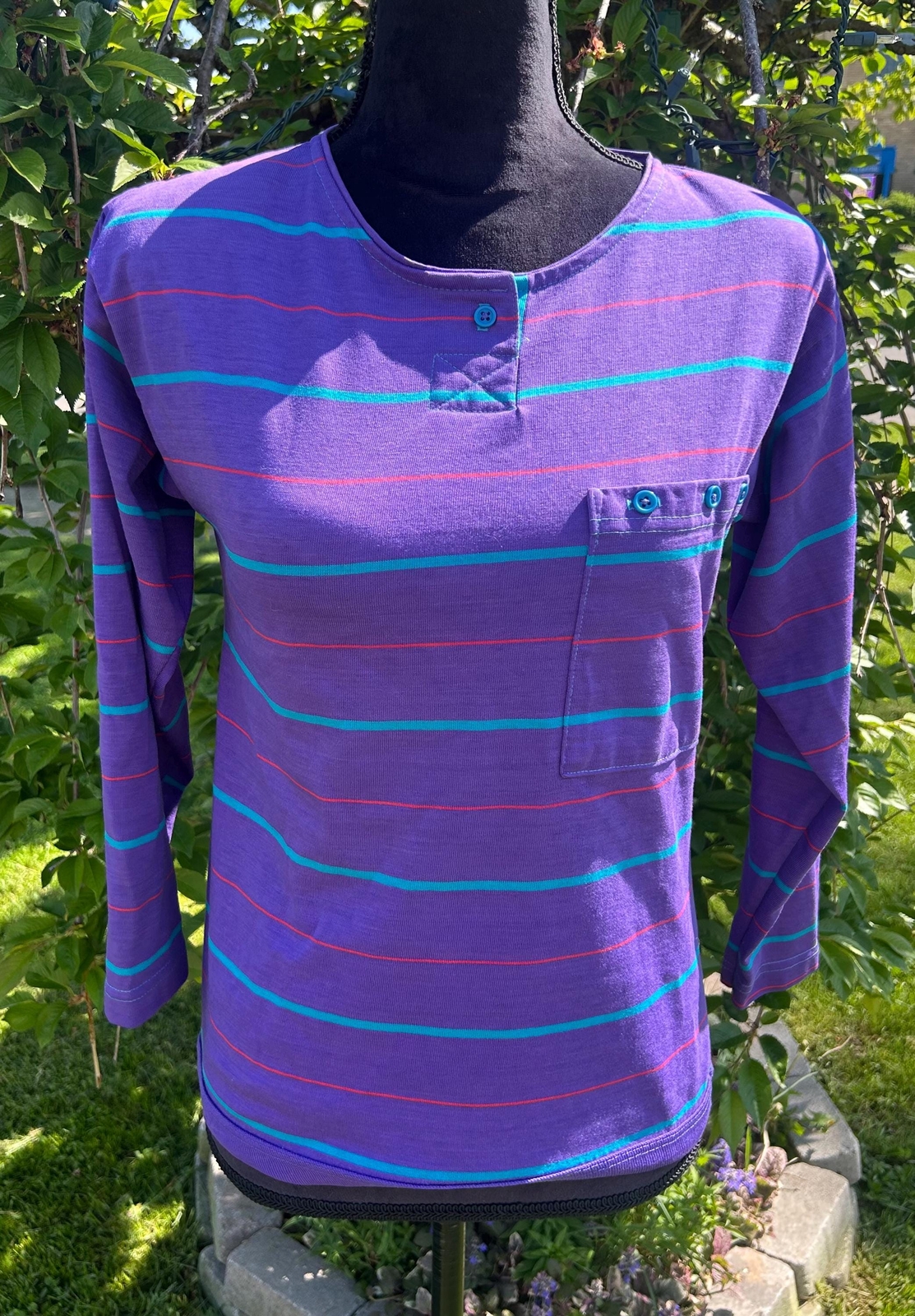 Vtg Chesterfield 80s Bracelet Sleeve Purple Blue Pink Stripe Shirt Small