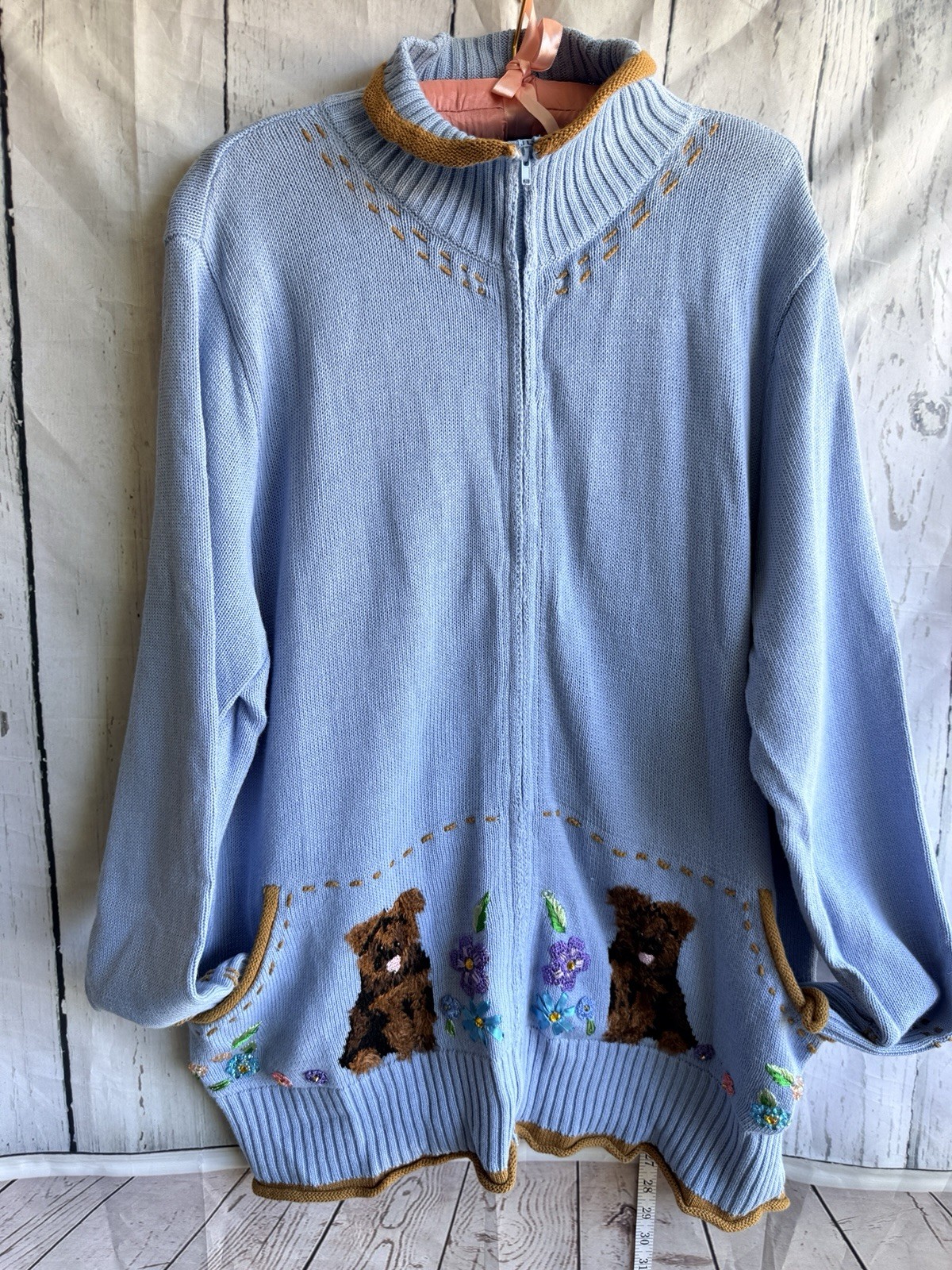 Vintage Storybook Knits Yorkie Dogs Sweater Granny Grandma Teacher Whimsy L