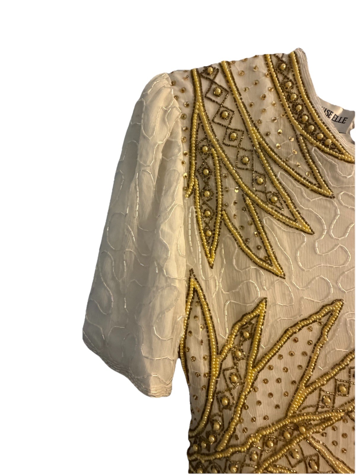 Authentic Vintage 1980s Medium Ivory Gold Beaded Lined Silk Cocktail Dress