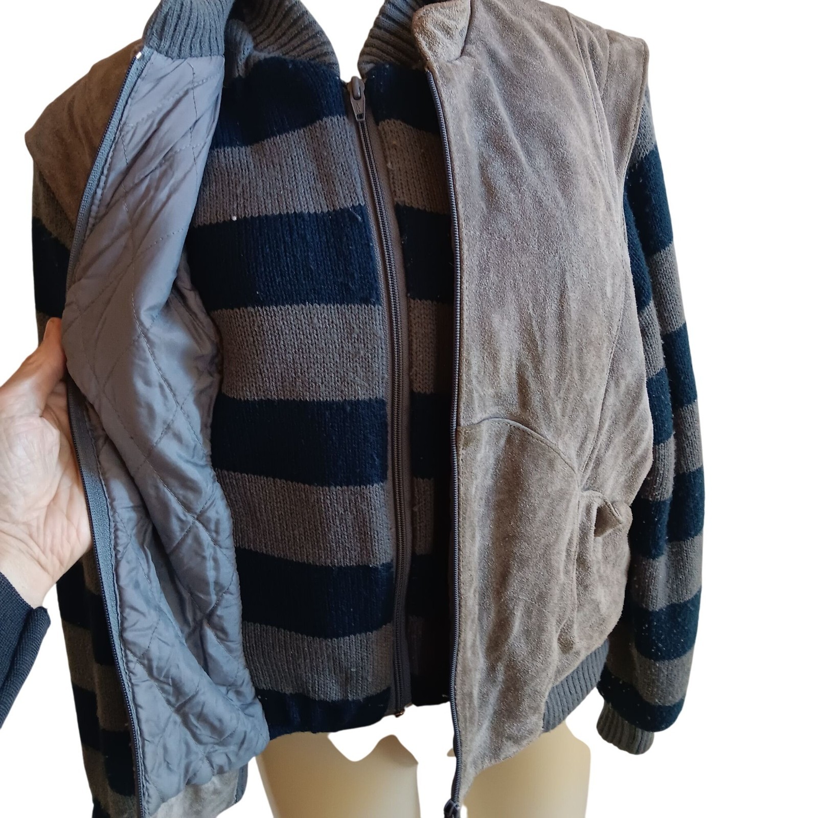 Women’s True Vintage Jacket Large Suede Knit Bomber Striped Grunge Learsi 1990’s