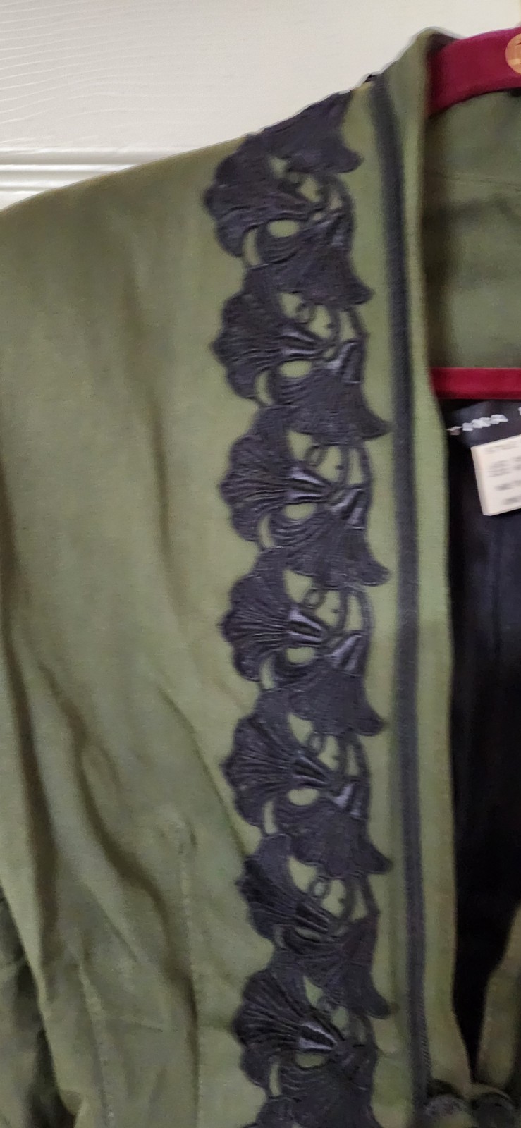 Edwardian Olive Green Jacket Black Embroidered Trim Flower Petals Size Small 90s