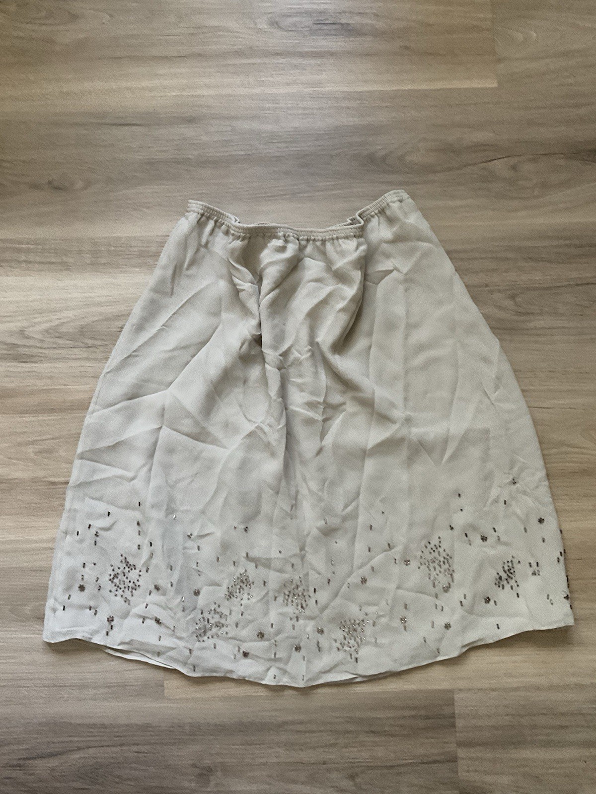 Vintage 100% Silk Beaded Ivory Beige Short Mini Skirt Size 14 Embellished Lining