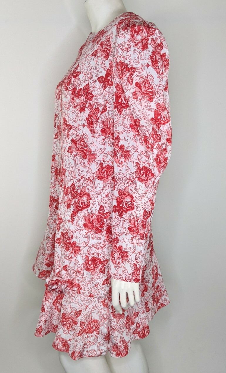 Vintage 80s Dress Womens 10 Long Top Retro Red White Shoulder Pads Puffy Sleeves