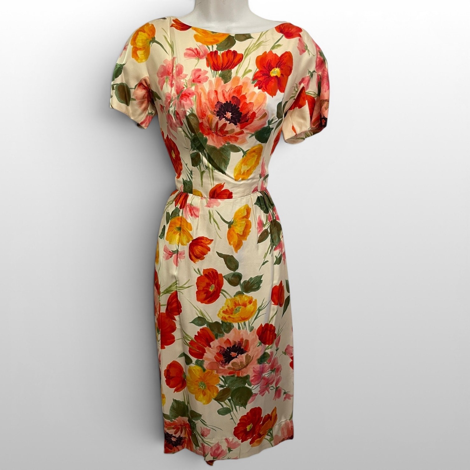 Vintage 1950s Fabiola David Barr Silk Floral Wiggle Dress XS