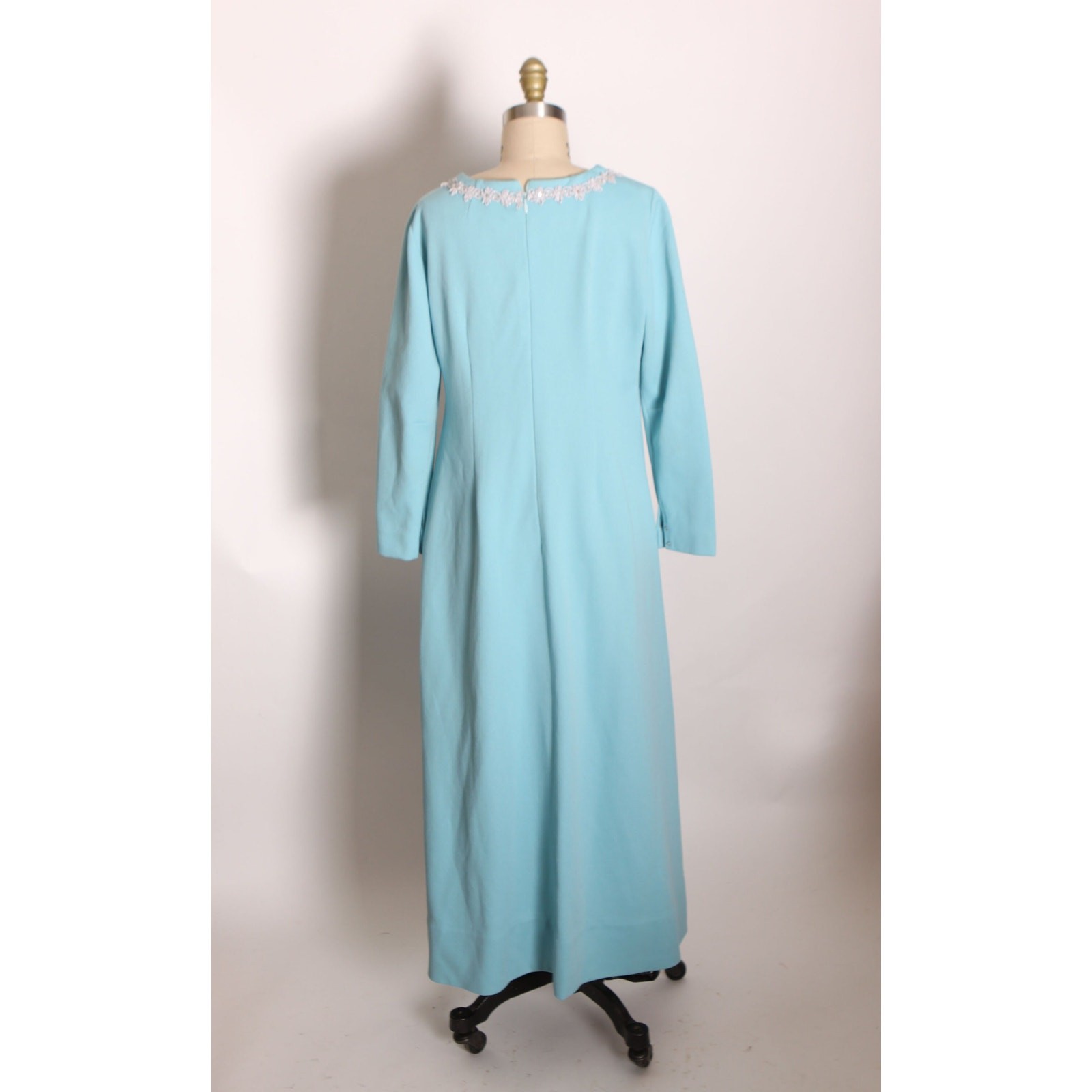 1960s Blue 3/4 Length Sleeve Empire Waist Silver Trim Mod Dress