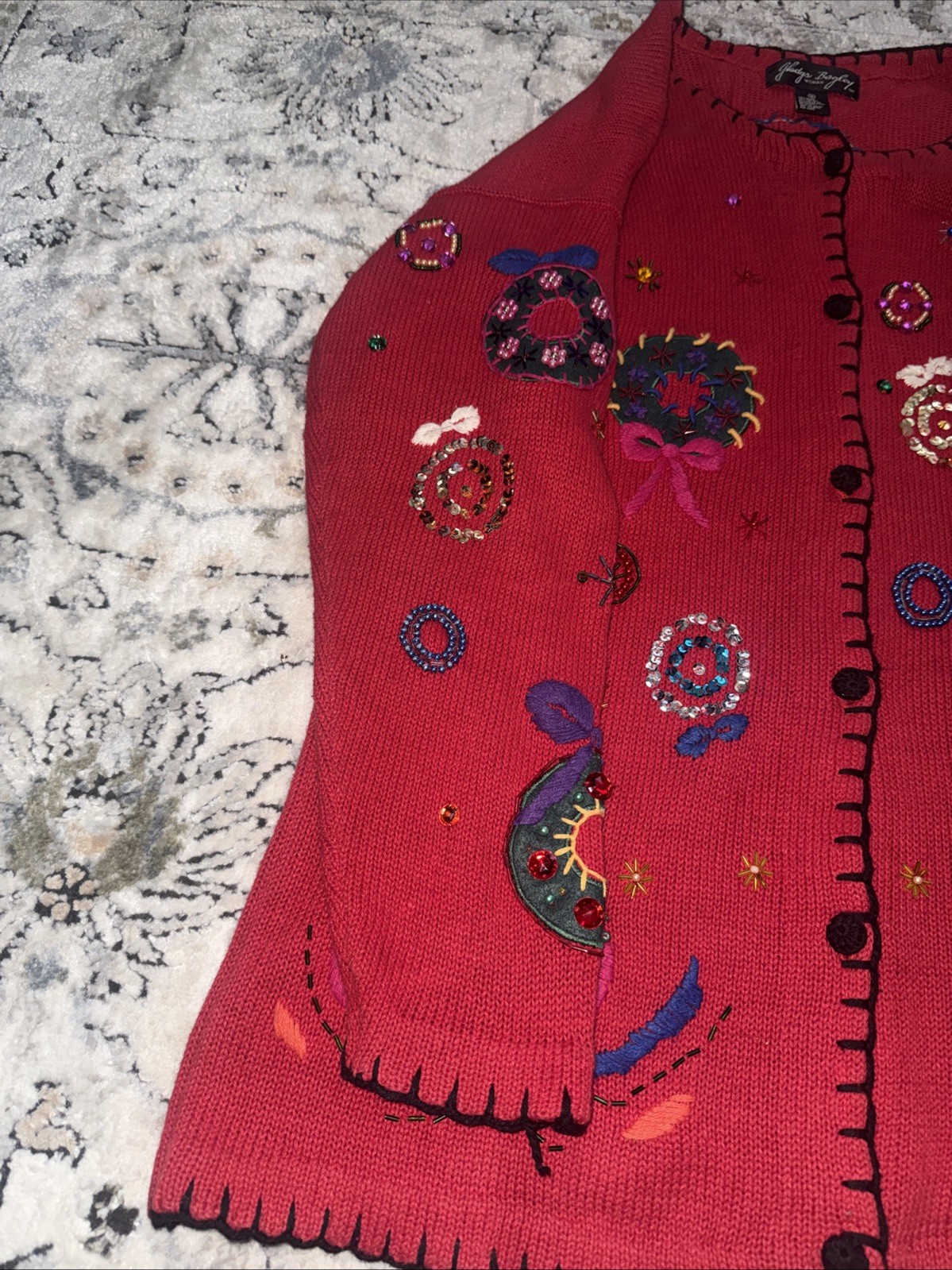 VTG Gladys Bagley Christmas Cardigan Knit SWEATER 1X Beads Rhinestone Embroidery