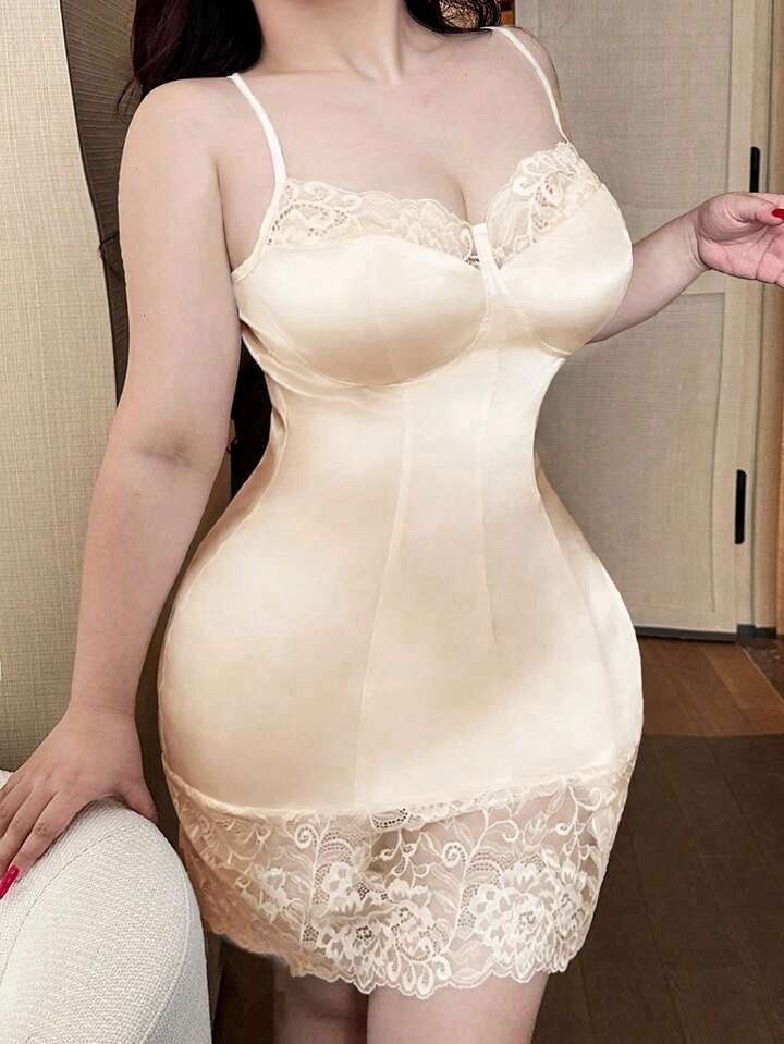 Glossy Stretch Satin Full Slip Mini Dress Apricot Wide Lace Shaper 4X 4XL NEW