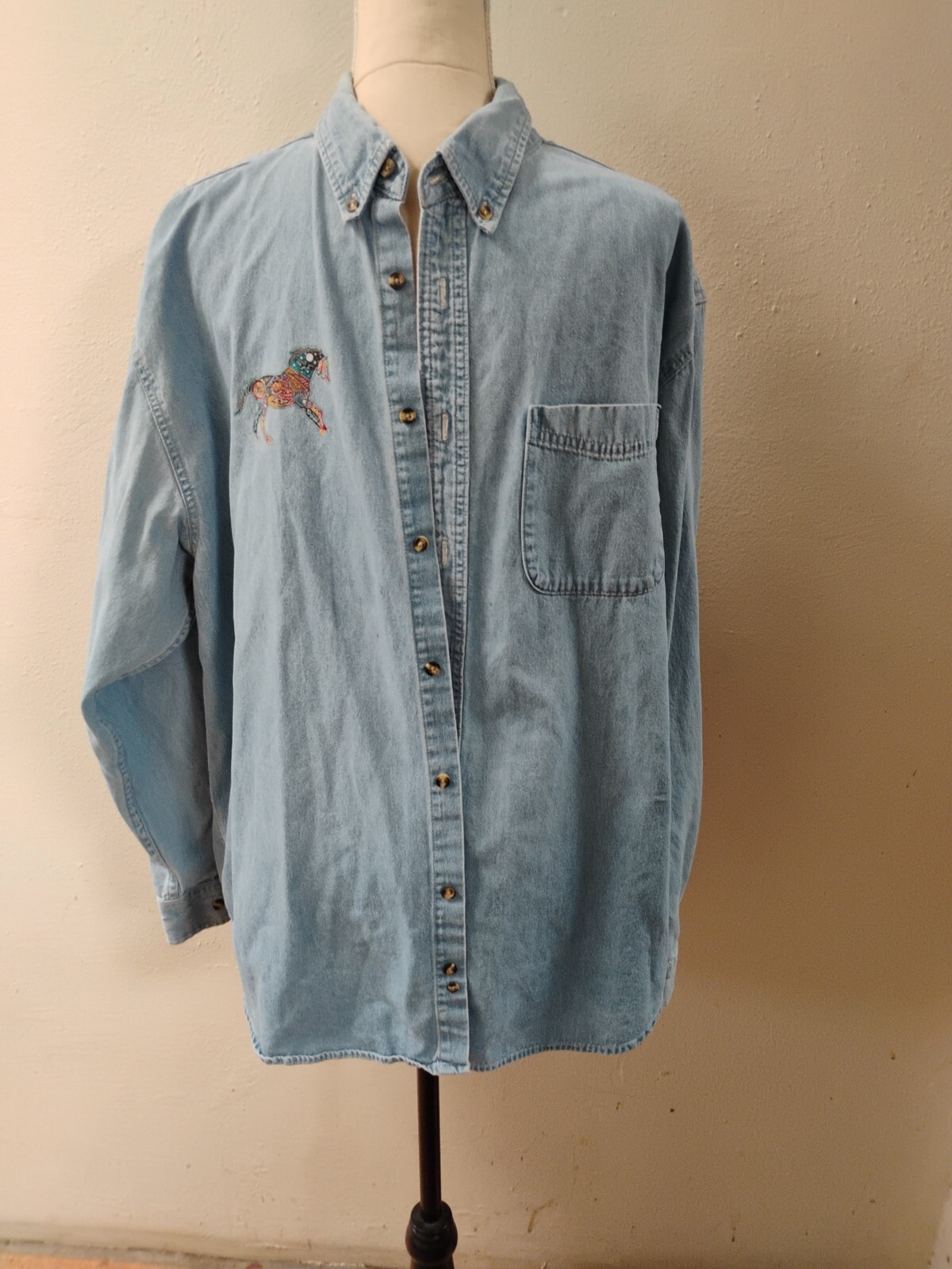 Horse Denim Shirt Adult XL Blue Equestrian Men Tribal Men 90s VINTAGE