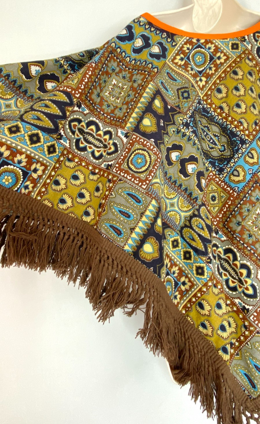 Vintage 1970s patchwork poncho OSFM pullover fringe brown blue mustard cotton