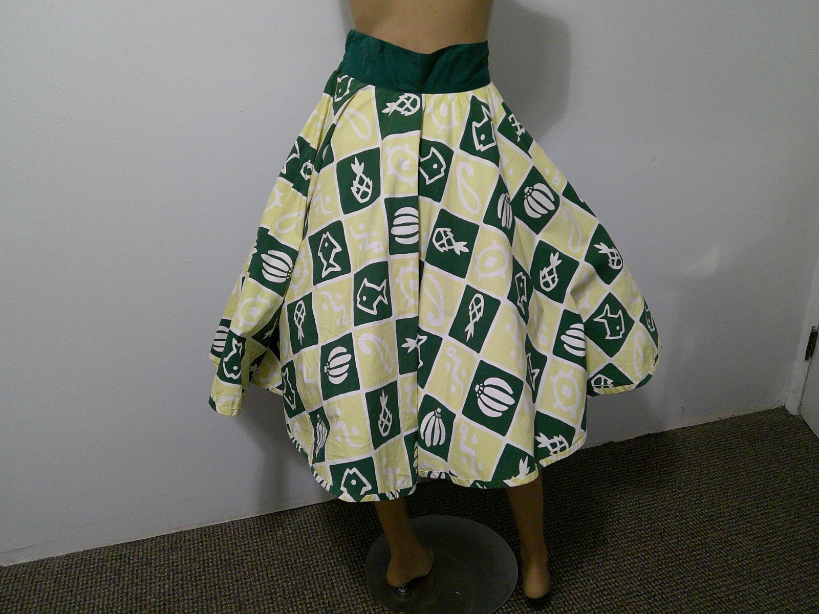 Vtg 50s Comida CARIB Elverhoj Handprint Novelty Cotton Full Circle Skirt Swing S