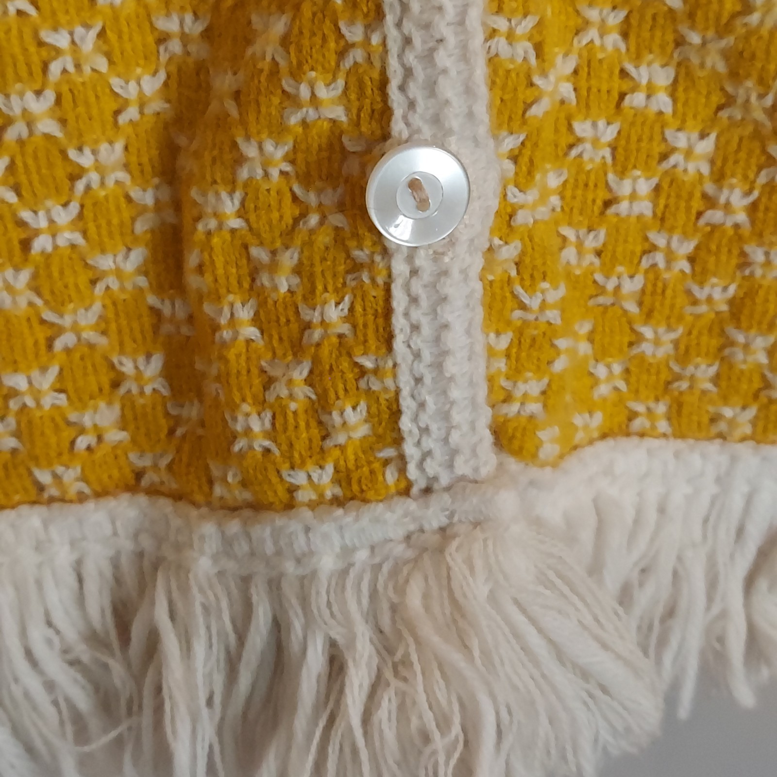 Vintage Crochet Fringe Poncho (stain) Yellow Cream Button Up Arm Holes Union