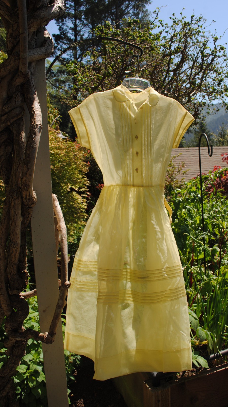 Vtg Mid Century 1950’s Organza Sheer Midi Dress Belt Yellow June Cleaver