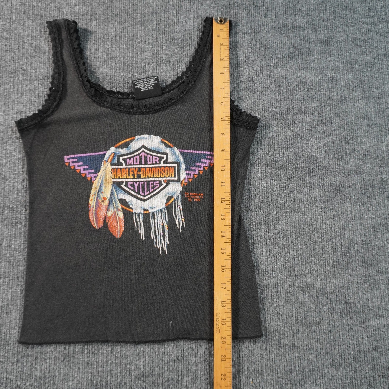 Harley-Davidson Tank Top Womens S Black 1990 3D Emblem Dreamcatcher Lace Trim
