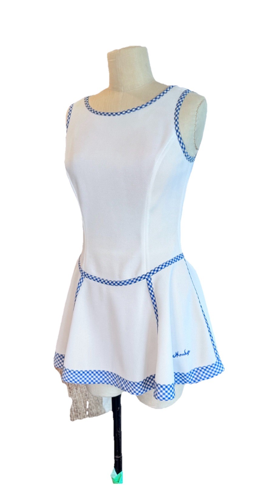1960/70s Mondessa Tennis Dress, White And Blue Embroidered Logo. Size 10 Rare