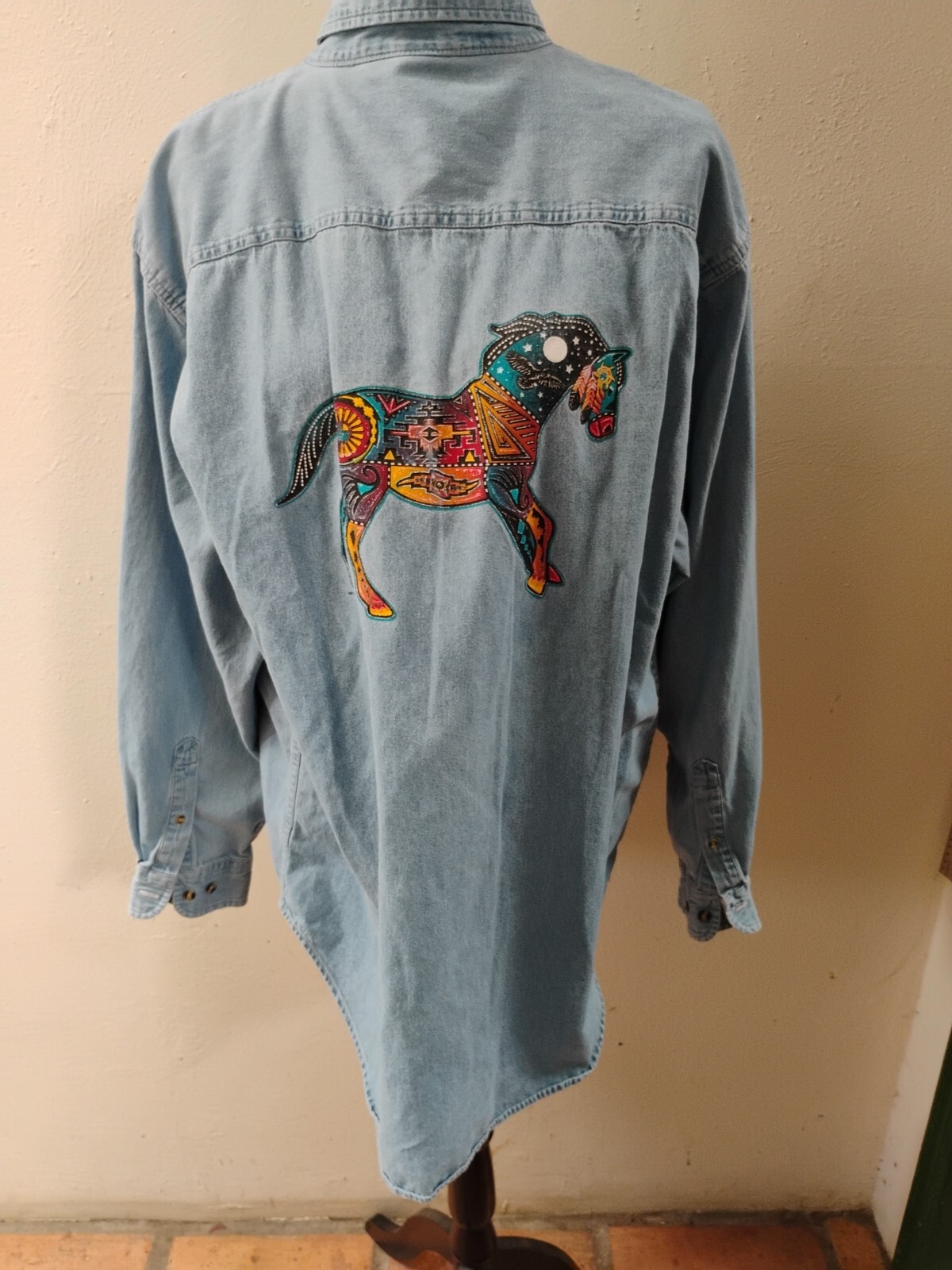 Horse Denim Shirt Adult XL Blue Equestrian Men Tribal Men 90s VINTAGE