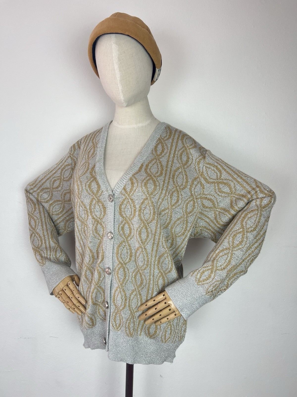 LILLY Of CALIFORNIA 80’s Vintage Women’s Silver & Gold Lurex Cardigan Sweater XL