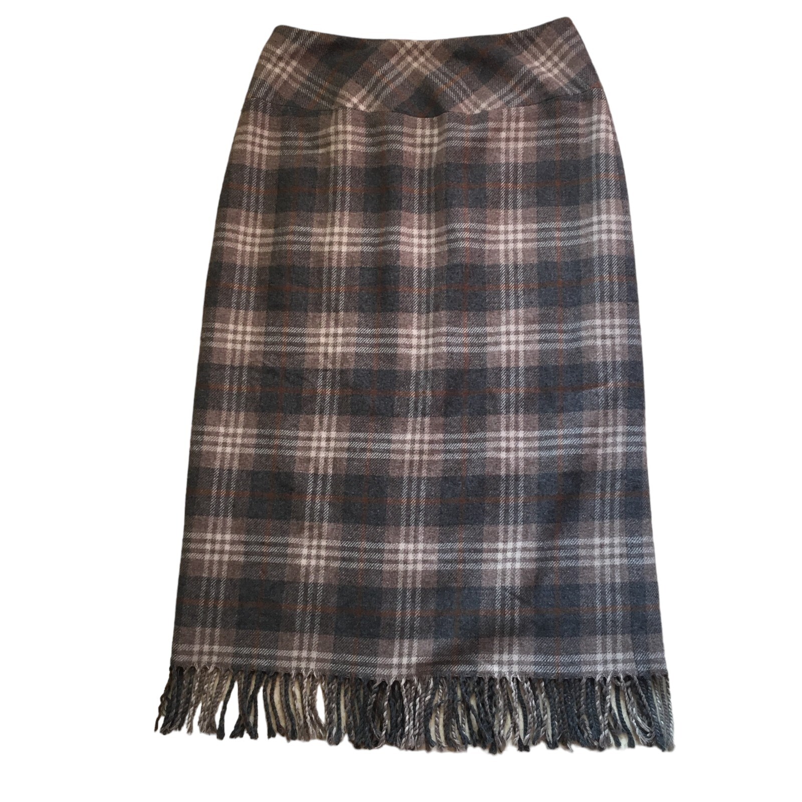 Vintage 80’s David N. Sz. 8 Womens Midi Wrap Skirt Plaid Fringe Wool Blend Lined