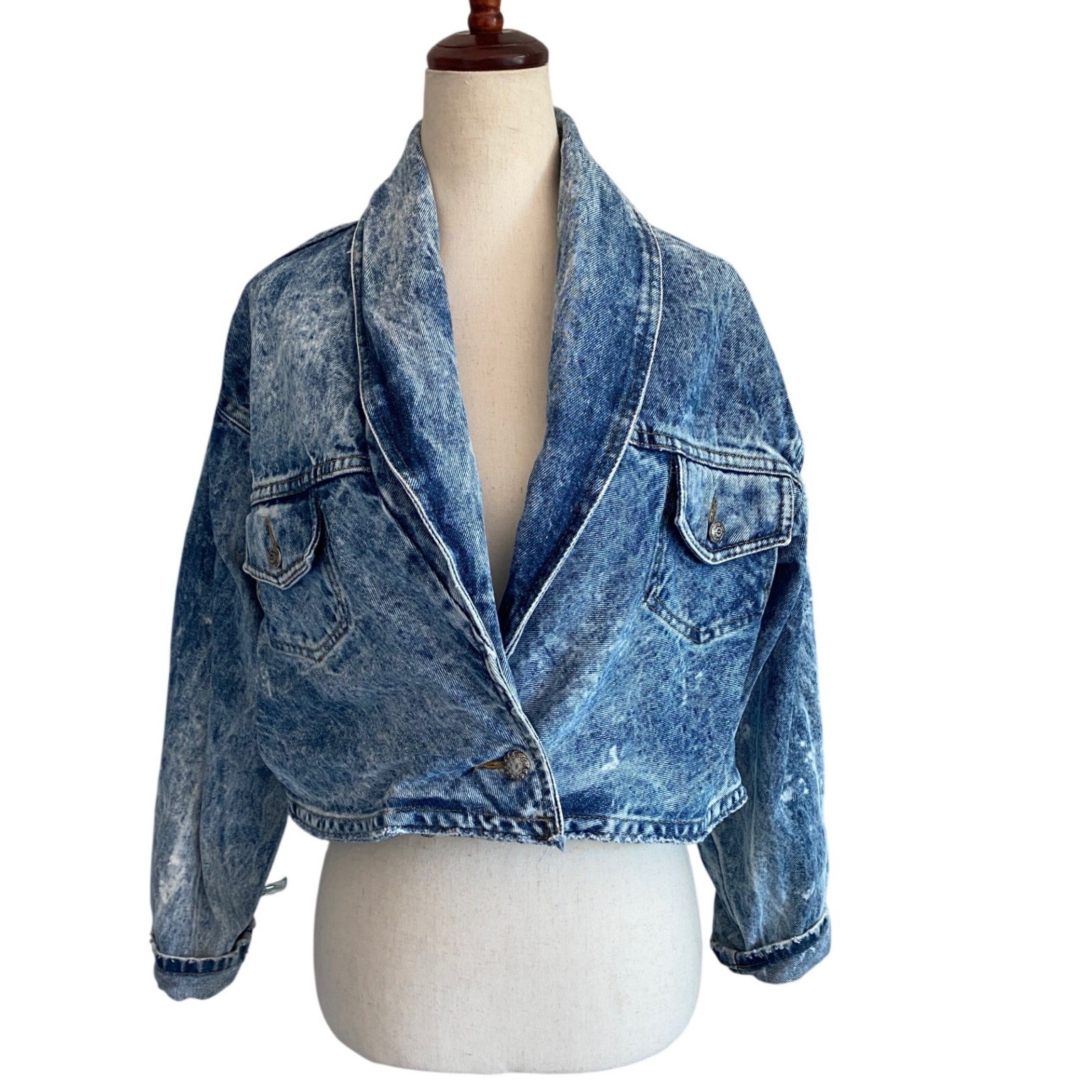 Vintage De Connection Acid Wash Cropped Denim Jacket Blue Womens Medium Made USA
