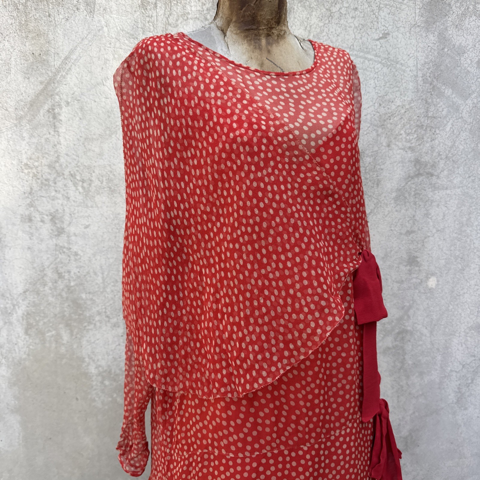 Antique 1920s Red Silk Chiffon Dress Polka Dot Asymmetrical Bow Marjone Vintage