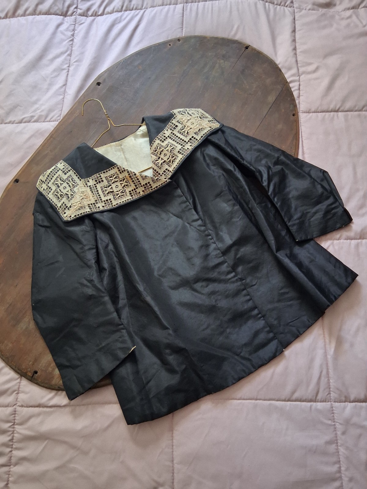 Antique Edwardian Top Black Silk Tafetta And Cream Lace Petite