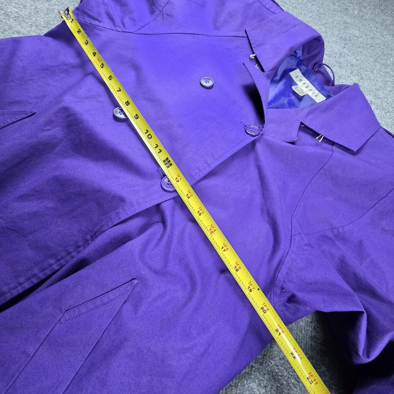 I. Magnin Vintage Women’s 12 Purple Trench Coat 80s 90s Belted Swing Long Lined