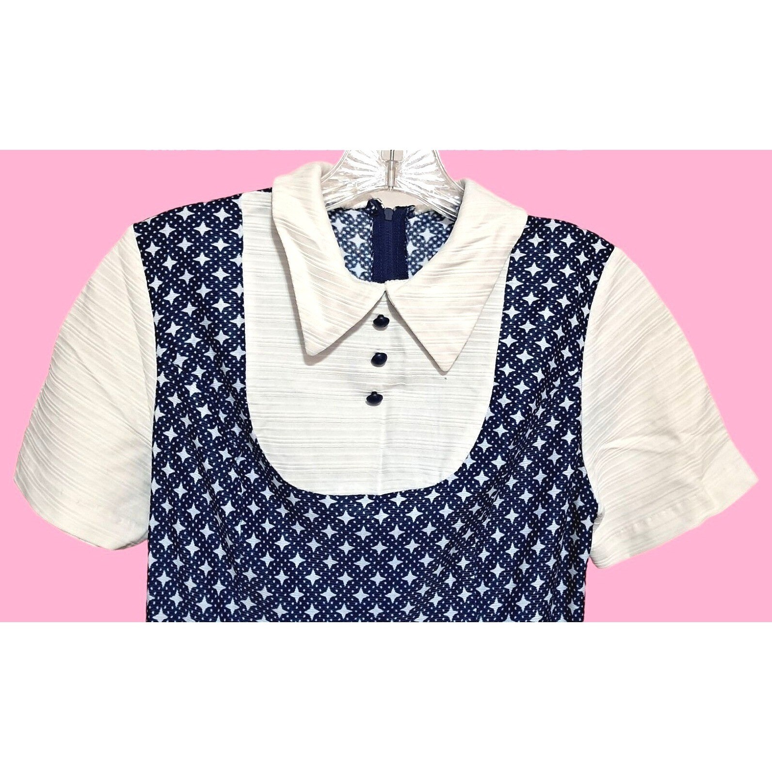 Retro Vintage 70s Geometric Star Tunic Pant Set Womens Small Navy White Mod