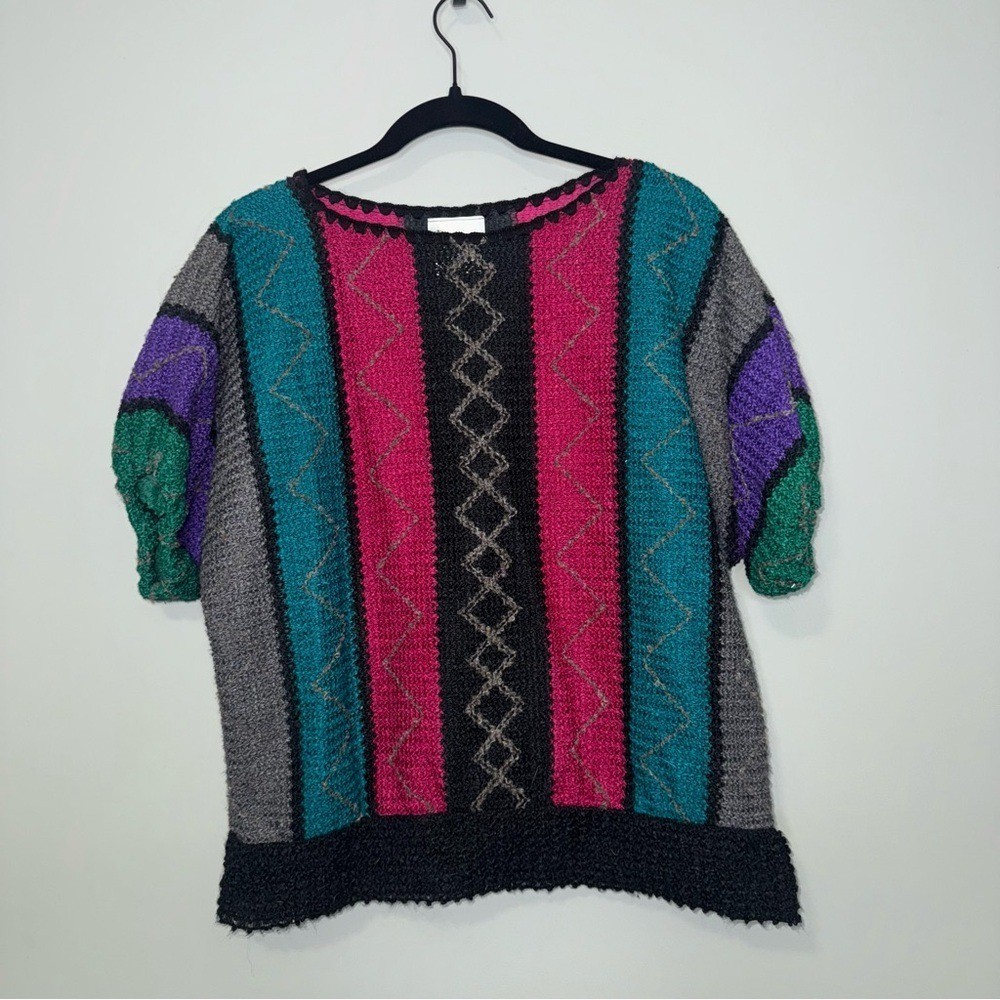 Vintage Donnkenny Women Small Multi Color Geometric Chenille Wool Knit Sweater