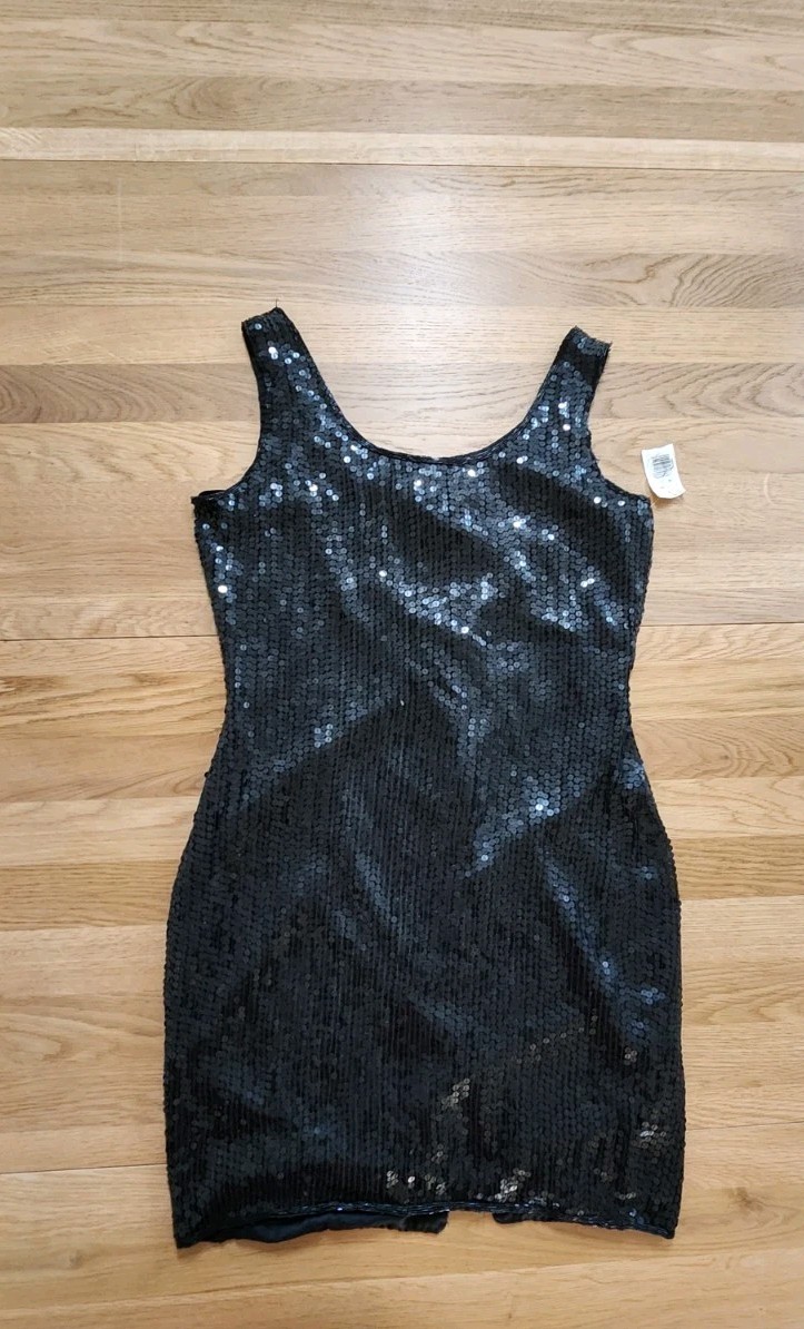 Vtg Y2K 90s Mini Dress 12 Black Silk Sequined Beaded Bodycon NY Club Dance NWT