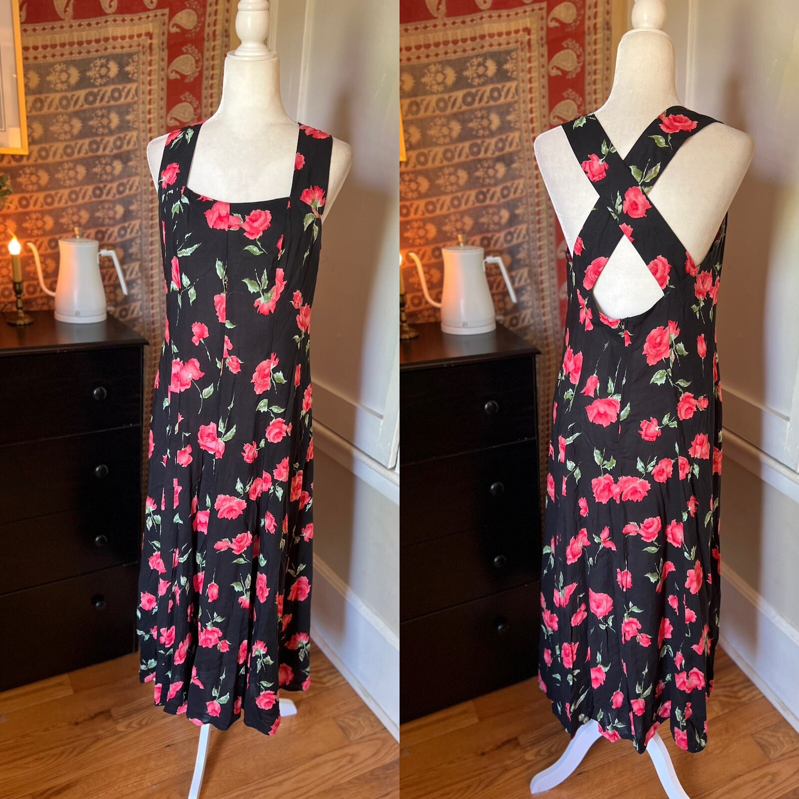 Vintage 90s Rose Rayon Floral Midi Dress Size 12